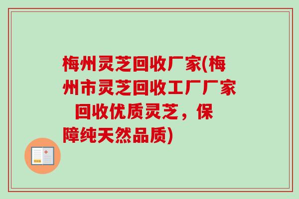 梅州灵芝回收厂家(梅州市灵芝回收工厂厂家 回收优质灵芝,保障纯天然品质)-第1张图片-卓越灵芝孢子粉 梅州灵芝回收厂家(梅州市灵芝回收工厂厂家 回收优质灵芝,保障纯天然品质)-第1张图片-卓越灵芝孢子粉