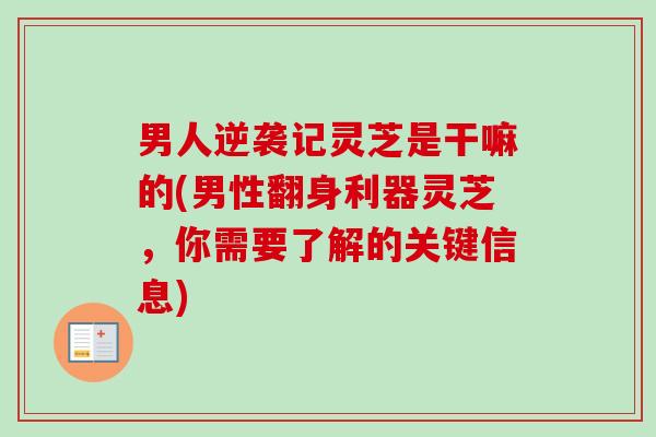 男人逆袭记灵芝是干嘛的(男性翻身利器灵芝,你需要了解的关键信息)-第1张图片-卓越灵芝孢子粉 男人逆袭记灵芝是干嘛的(男性翻身利器灵芝,你需要了解的关键信息)-第1张图片-卓越灵芝孢子粉
